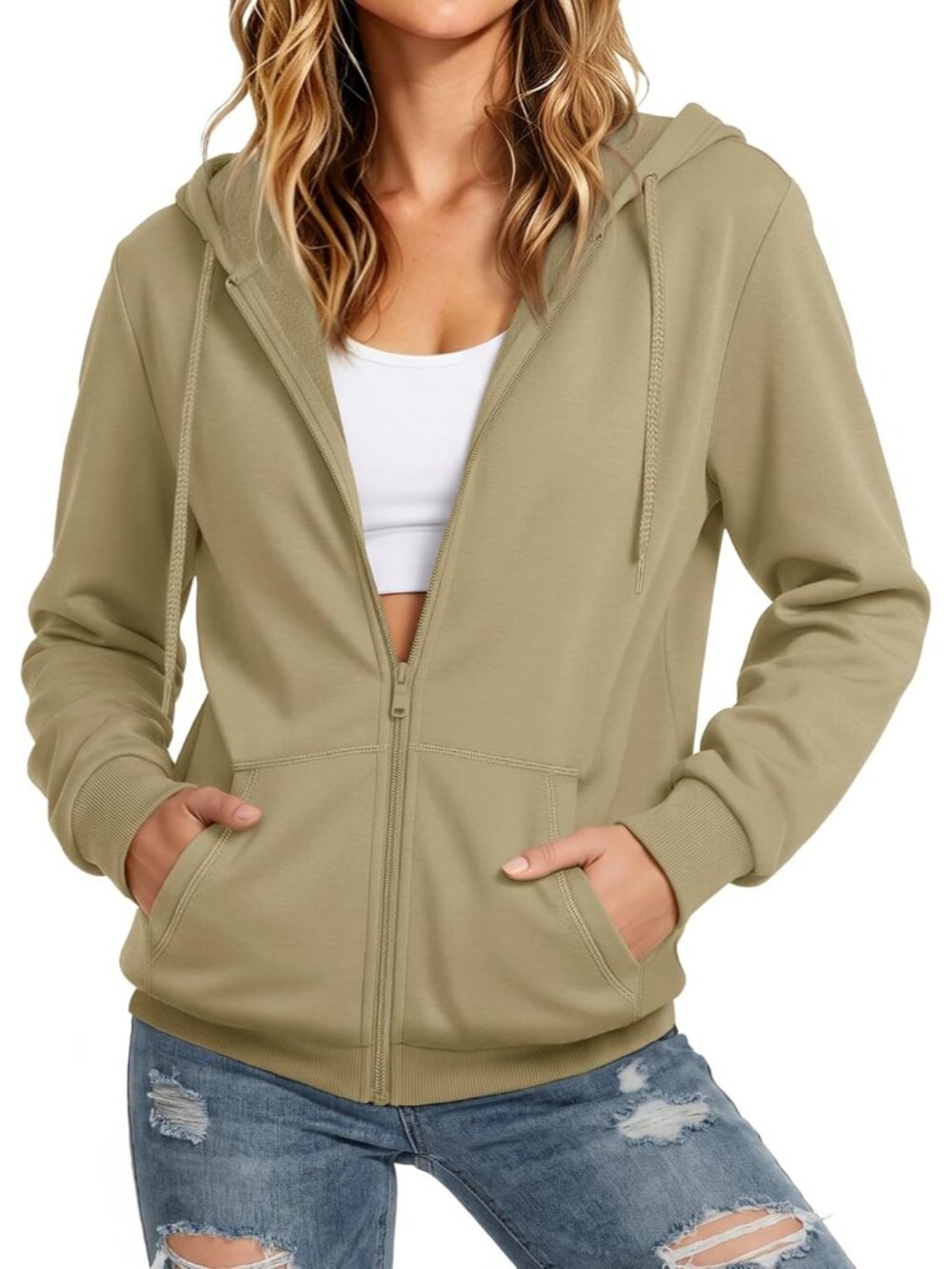 〽️Women's Khaki Zip Up Fleece Lined Sweatshirt Casual Outerwear Jacket Hooded